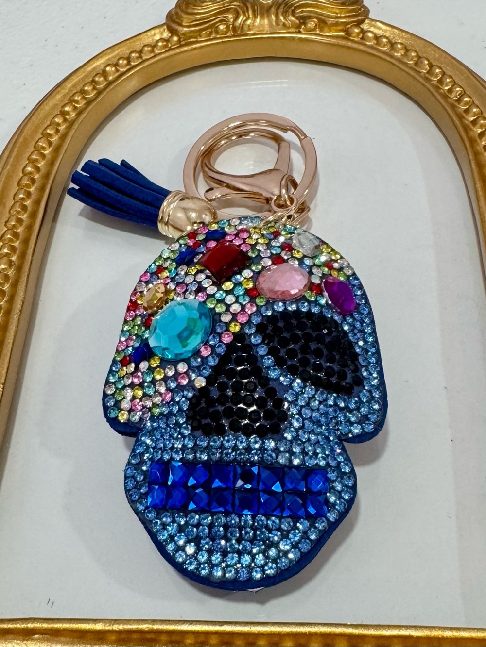 New Blue Multicolor Rhinestone Sugar Skull Keychain with Tassel